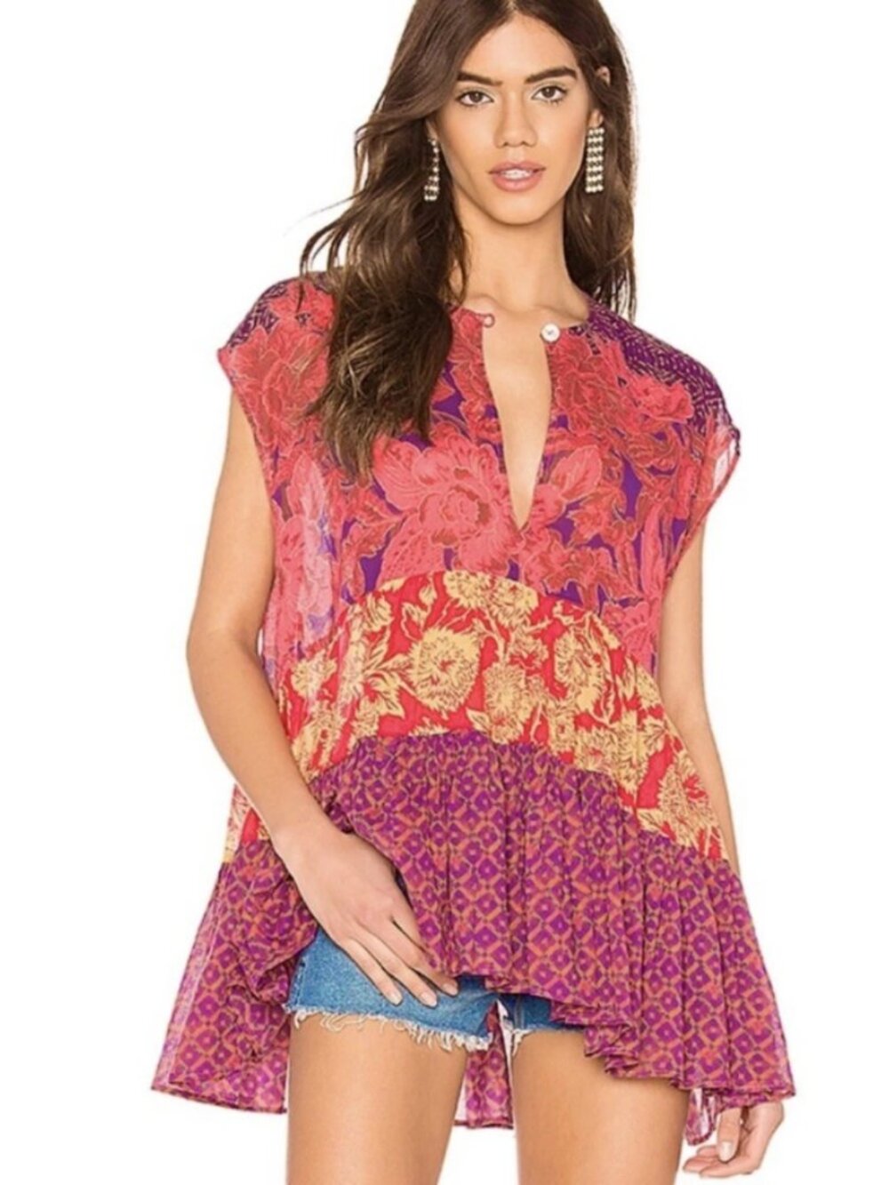 Free People Mutli Color Sleeveless Pleated Tunic with Keyhole Opening Size Small